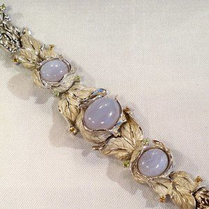 New Agate, Yellow, Green Cubic Zirconias Silver Leafs Vintage DESIGNER Bracelet